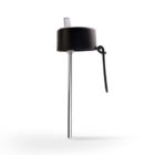 A metal immersion blender attachment with a black top and a long metal shaft is shown against a plain white background. There is a black looped handle on the side.