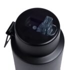 A black reusable water bottle with a closed transparent flip-top lid is shown from an overhead angle, highlighting the secure locking mechanism on the cap.