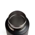 A close-up image of the open top of a stainless steel thermos flask, showing the shiny inner lining and the black exterior. The flask is empty, and the image is taken against a white background.