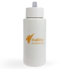 White water bottle with a gray lid and a spout. The words Vitality Fitness and a stylized V are printed in orange on the front.