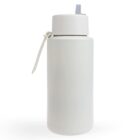 A white water bottle with a straw lid and carrying handle against a plain background.