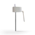 A white cylindrical object with a transparent cap, attached to a long, thin metal rod with a looped white cord on the side. The image is set against a plain white background.