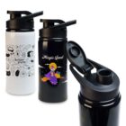 Three reusable water bottles with flip-top lids are displayed. One is white with doodles, another is black with a Magic Land theme, and the last is plain black with its lid open, showing the spout.