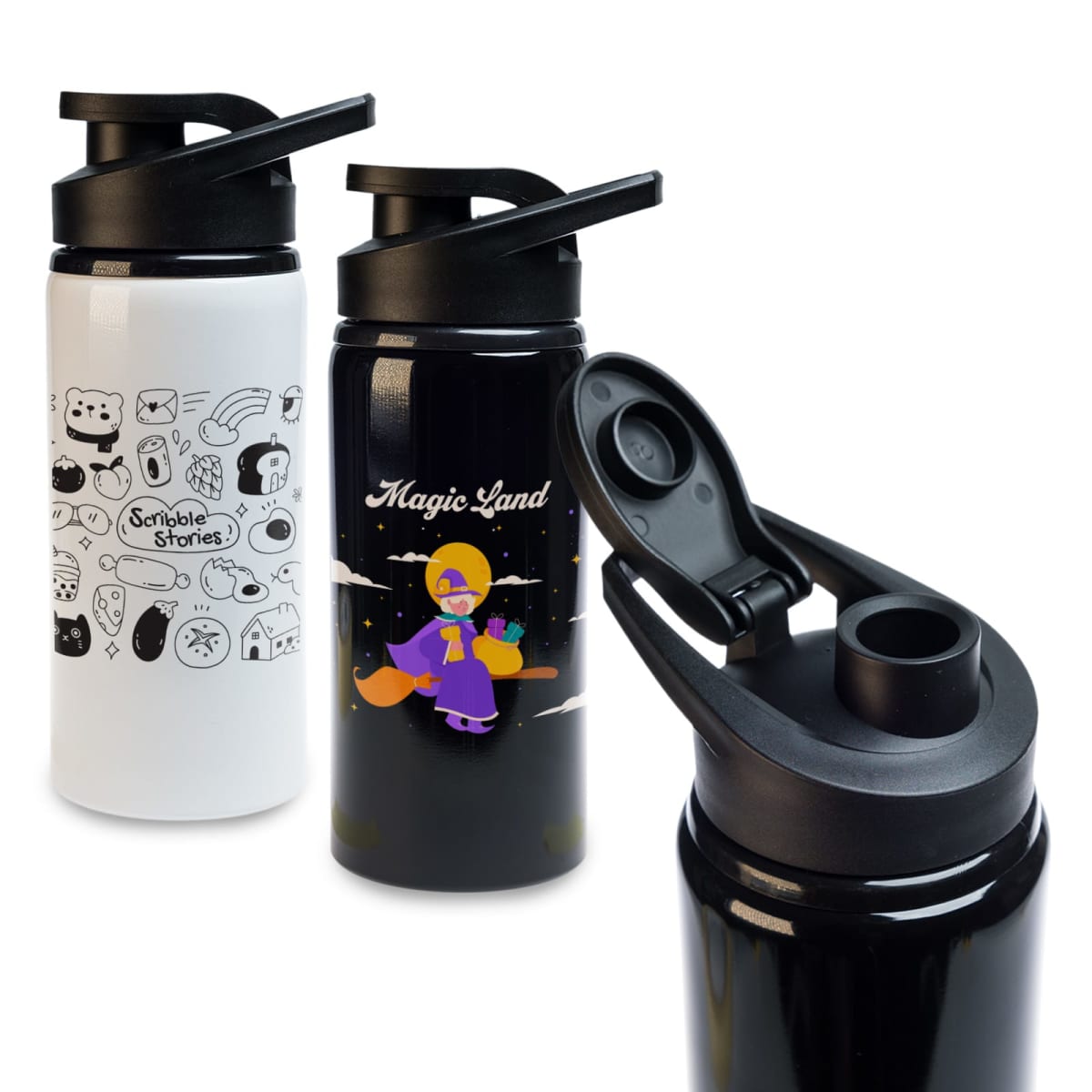 Three reusable water bottles with flip-top lids are displayed. One is white with doodles, another is black with a Magic Land theme, and the last is plain black with its lid open, showing the spout.