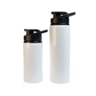Two white water bottles with black lids are placed side by side on a plain white background. The bottle on the left is shorter, and the one on the right is taller. Both have a sleek, modern design with a spout for drinking.