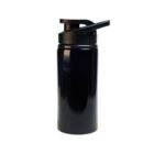A sleek black reusable water bottle with a secure flip-top lid, standing upright against a plain white background.
