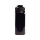 A sleek, black insulated water bottle with a secure screw-on lid sits upright against a plain white background. The bottle is designed for keeping beverages hot or cold and has a glossy finish.