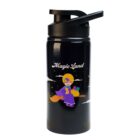 A black water bottle with a flip-top lid featuring a cartoon witch on a broomstick against a starry sky. The words Magic Land are written above in white.
