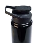 Close-up of a black, reusable water bottle with a flip-top lid. The bottle has a glossy finish and a sturdy handle attached to the lid for easy carrying. The image highlights the top half of the bottle against a white background.