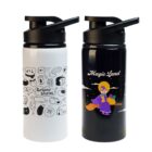 Two insulated water bottles with black lids. The white bottle features playful doodles of animals and objects. The black bottle displays a colorful illustration of a character flying with the text Magic Land.