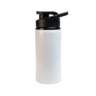 A white water bottle with a black lid and a flip-up spout. The design is sleek and minimalistic, ideal for portable use. The background is plain white, emphasizing the bottles clean appearance.