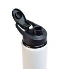 A white insulated water bottle with a black flip-top lid and spout, designed for easy drinking. The lid is open, showing the spout for pouring or sipping. The sleek bottle is positioned against a plain white background.