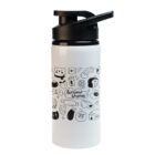 A white water bottle with a black cap features various Scribble Stories cartoon doodles, including animals, food items, and household objects, in black ink. The playful designs create a whimsical pattern around the bottle.