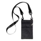 A black crossbody bag with an adjustable strap, featuring two zippered compartments. The main compartment is larger, and a smaller, mesh-covered pocket is on the front. The bag is simple and functional, designed for carrying essentials.
