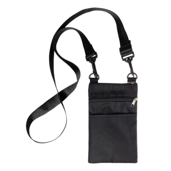 A black crossbody bag with an adjustable strap, featuring two zippered compartments. The main compartment is larger, and a smaller, mesh-covered pocket is on the front. The bag is simple and functional, designed for carrying essentials.
