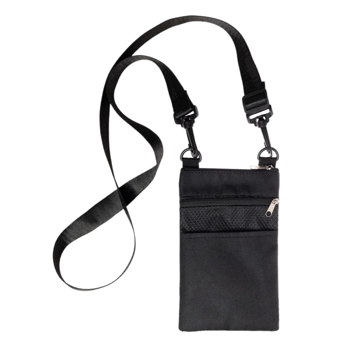 A black crossbody bag with an adjustable strap, featuring two zippered compartments. The main compartment is larger, and a smaller, mesh-covered pocket is on the front. The bag is simple and functional, designed for carrying essentials.
