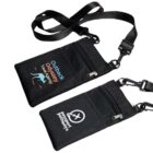 Two black travel neck pouches with adjustable straps, mesh pockets, and secure zippered compartments. One is labeled Outback Odyssey Travel Agency, featuring a kangaroo icon, and the other is labeled Passport Pathways with a plane icon.