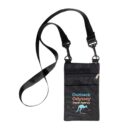 A black travel pouch with adjustable strap features the text Outback Odyssey Travel Agency in blue and orange. Theres a zipper pocket on the front, below which is a stylized image of a kangaroo.