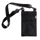 A black crossbody bag with an adjustable strap and a zippered pocket displayed on a white background.