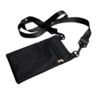 Black crossbody pouch with adjustable strap, featuring a zipper pocket and mesh front section for small items.