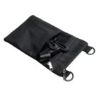 A black fabric pouch with a silver zipper partially open, revealing inside straps, clips, and mesh pockets. The pouch has two metal rings at its corners.