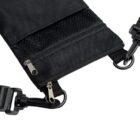 Close-up of a black bag or pouch with two zippered compartments. The zippers are silver, and there are two black detachable clip hooks at the corners, suggesting it has a strap. The material appears to be durable and textured.
