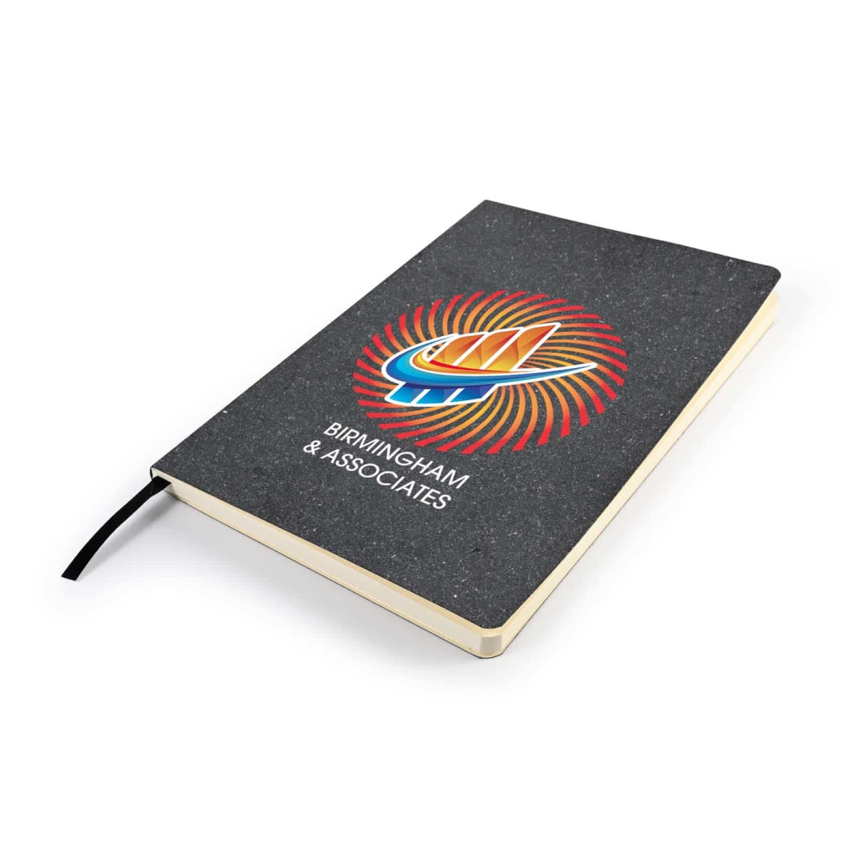 A closed notebook with a textured black cover lies flat. It features a colorful spiral logo above the text Birmingham & Associates in white. A black ribbon bookmark peeks out from the bottom.