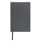 A closed, plain black notebook with a textured cover and a black ribbon bookmark. The notebook has rounded corners and is set against a white background.