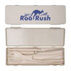 A rectangular beige utensil case with the Roo Rush logo featuring a kangaroo. The case contains reusable utensils: a spoon, fork, knife, chopsticks, and a straw with a cleaning brush, all in matching beige.