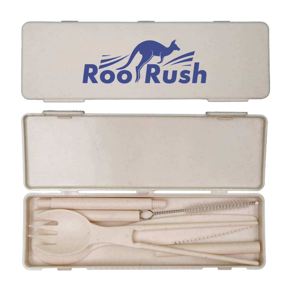 A rectangular beige utensil case with the Roo Rush logo featuring a kangaroo. The case contains reusable utensils: a spoon, fork, knife, chopsticks, and a straw with a cleaning brush, all in matching beige.