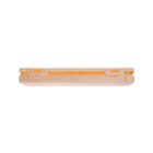 A closed, rectangular, light brown pencil case with a textured surface and a small opening on top, placed on a plain white background.