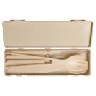 A beige travel cutlery set in a rectangular case, containing a knife, fork, spoon, chopsticks, a metal straw, and a cleaning brush.