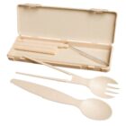 A beige reusable cutlery set consisting of a fork, spoon, knife, straw, and cleaning brush is displayed. The items are arranged in front of an open carrying case.