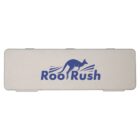 A rectangular white pencil case with the words Roo Rush in blue and an image of a kangaroo in motion above the text.