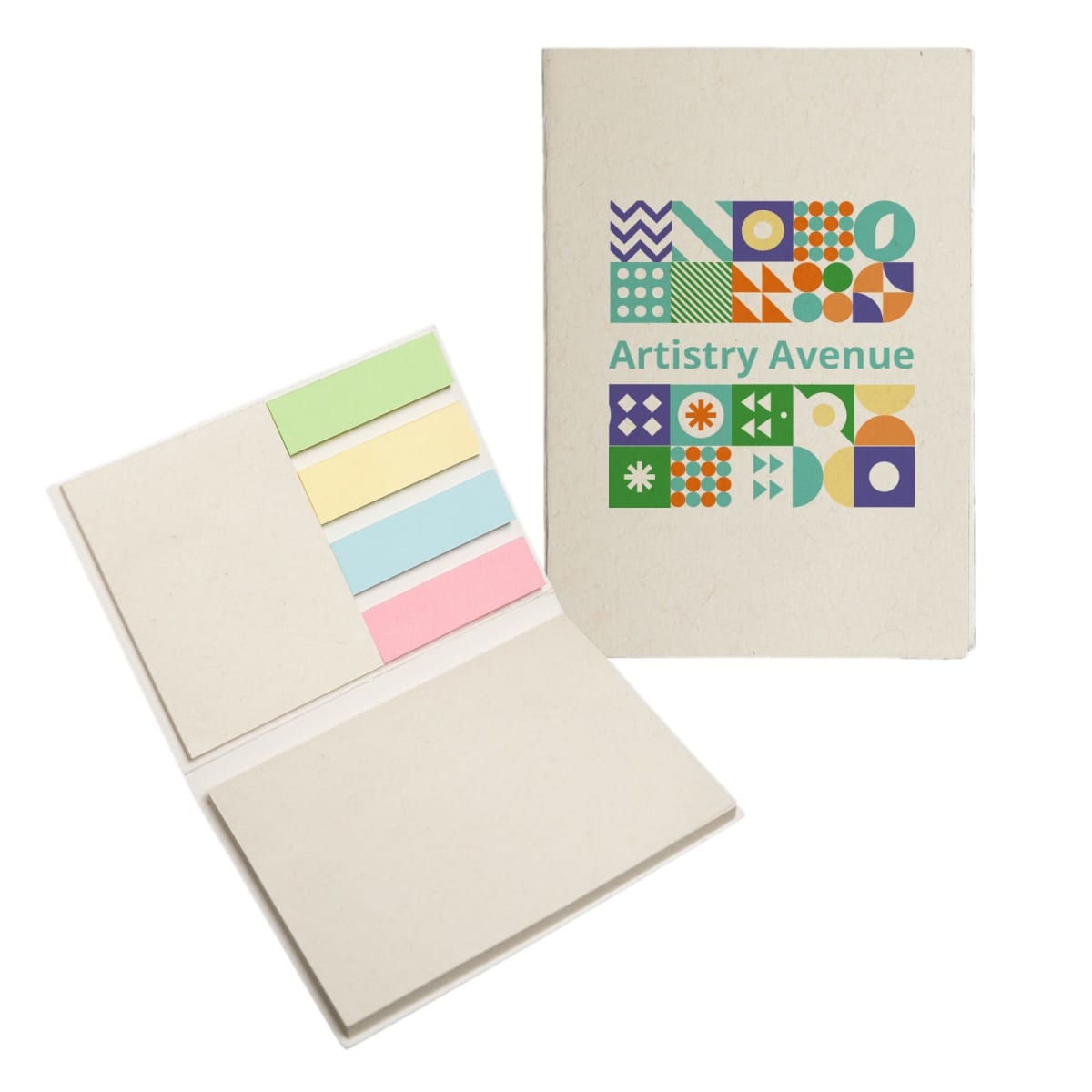 A beige notebook with Artistry Avenue and colorful geometric designs on the cover. Open to reveal pastel sticky notes in green, yellow, pink, and blue. The notebook and sticky notes are set against a white background.