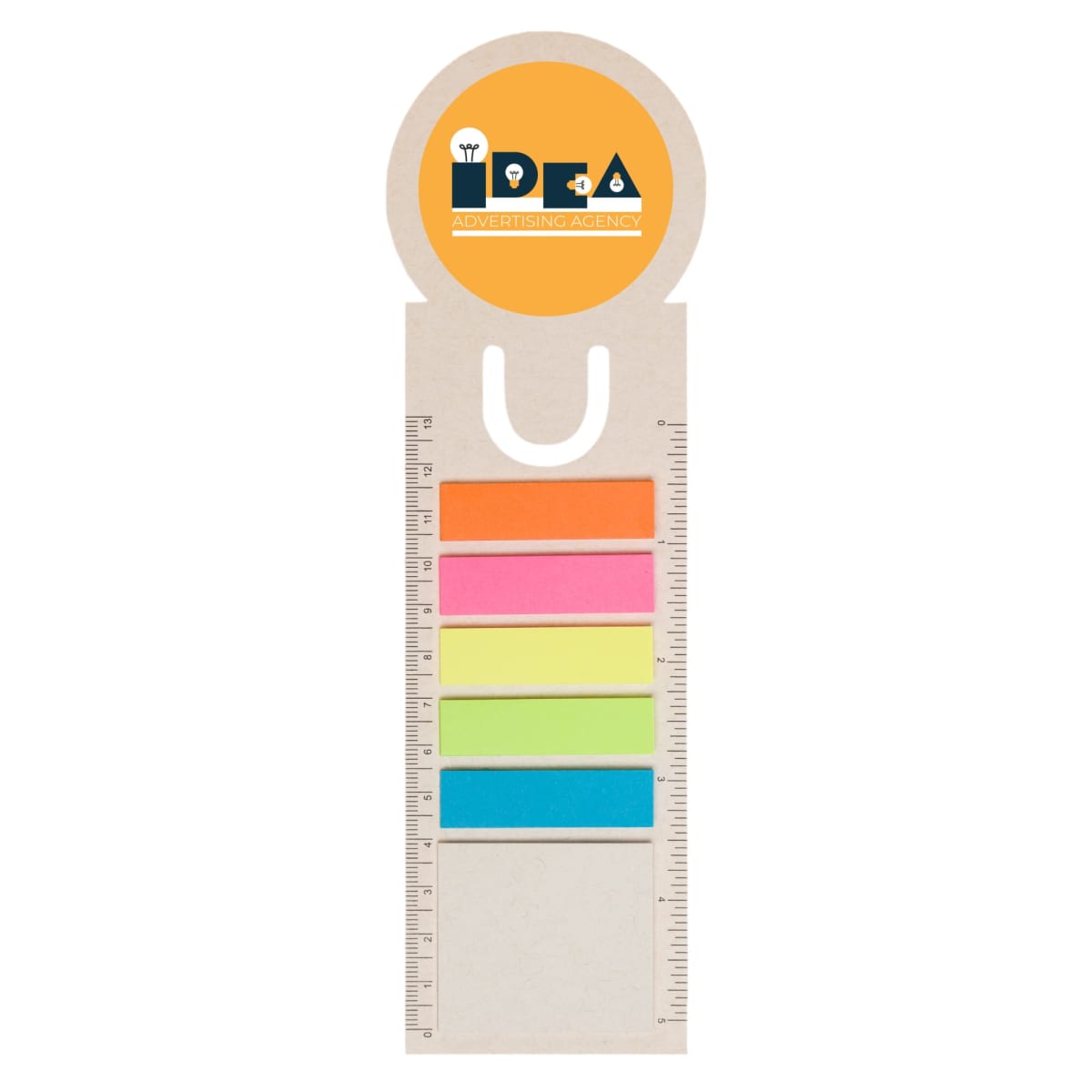 A bookmark with a semi-circular top featuring an advertising agency logo. Below, there are multicolored sticky notes in orange, pink, yellow, green, and blue, accompanied by a ruler on each side.