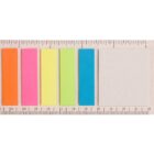 A collection of five brightly colored sticky tabs in orange, pink, yellow, green, and blue are arranged in a row against a beige textured background. A ruler above and below the tabs shows measurements in centimeters.