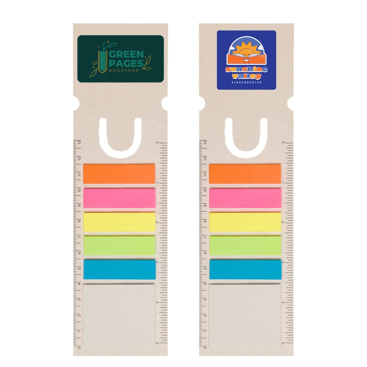 Two bookmark rulers with sticky notes in various colors. The bookmarks feature logos for Green Pages Bookshop on the left and a sun and book logo on the right. Each bookmark includes a set of colorful sticky notes and a measuring scale on the side.