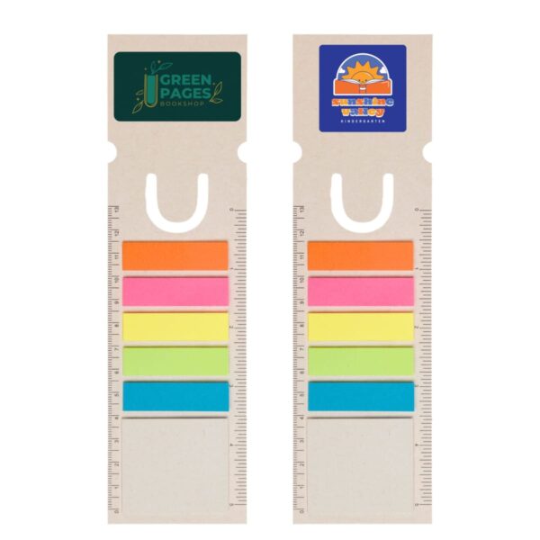 Two beige bookmarks with rulers, each featuring colored sticky tabs in pink, orange, yellow, green, and blue. One bookmark shows a Green Pages Bookshop logo, the other a sun and book logo with text.