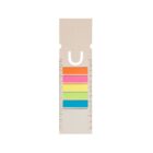An assortment of colorful sticky note strips (orange, pink, yellow, green, blue) on a beige backing with ruler markings on both sides.