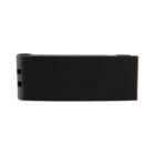 A black metal money clip against a white background. It features a simple, sleek design with two cutout slits on one side.