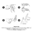 Step-by-step instructions for using a phone stand clip: 1. Lever the clip open with fingers. 2. Separate and hook the edges. 3. Secure phone in clip. 4. Position phone in portrait or landscape. Text instructions provided below the illustrations.