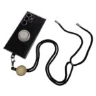A smartphone with a black case featuring a circular stand on the back. Attached is a black lanyard with a wooden bead and metal clip. The lanyard is extended in a loop shape beside the phone against a white background.