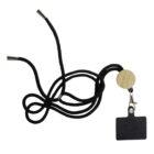 A black lanyard with a metal clip and a wooden button is attached to a rectangular black badge holder. The badge holder has a looped cord with shiny metal ends. The lanyard is coiled in a loose pattern.
