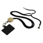 Black lanyard with a wooden clasp and metal hook, attached to a black square badge holder, against a white background.