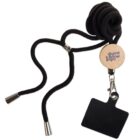 A black lanyard with digital frontier expo printed on a wooden badge reel. It has a metal clasp attached to a blank black card holder. The lanyard is coiled neatly.