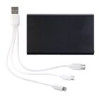 A black rectangular power bank with a detachable white multi-charging cable. The cable has a USB plug on one end and three connectors on the other: Lightning, USB-C, and Micro USB.
