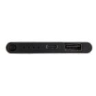 A slim, portable charger with a power button, LED indicators, a USB-C port, and a USB-A port on one side. The charger is set against a white background.
