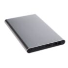 A sleek, rectangular external hard drive in metallic gray with a USB-C port, a USB port, and LED indicator lights on one side.