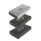 Three portable power banks stacked vertically, each branded with different logos: City Golf on silver, Go Travel on black, and Chitchat on dark gray. All feature dual USB ports on the side.